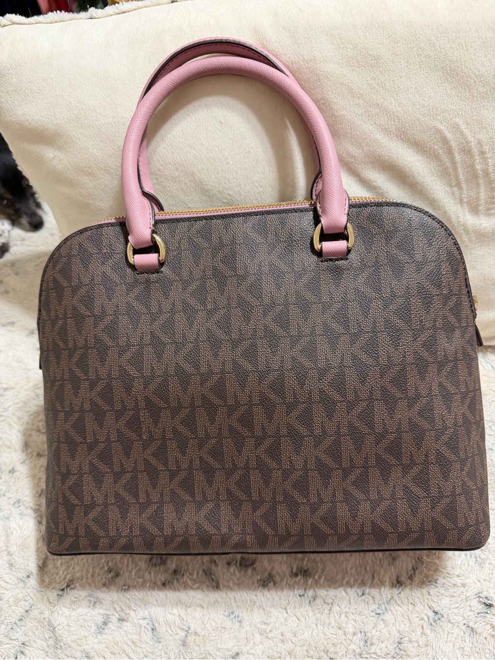 Michael Kors Brown Monogram Satchel with Pink Handles